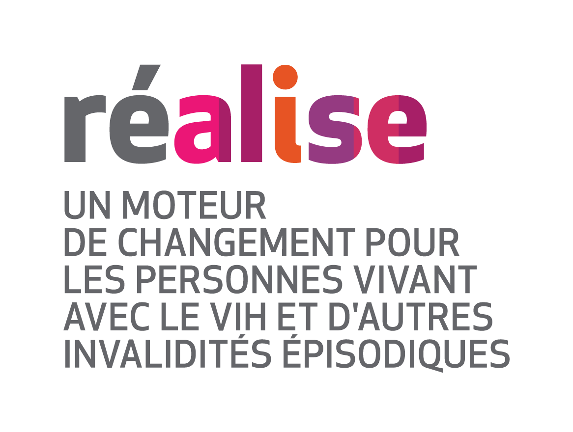 Logo de Réalise (slogan : Un moteur des changement pour les personnes vivant ave le VIH et d’autres invalidités épisodiques)